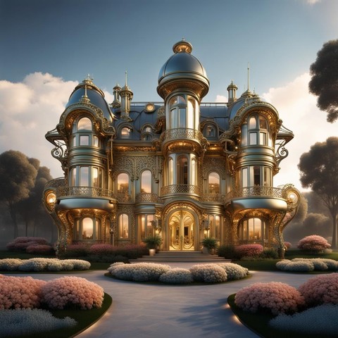 Imposing computer generated image of a brass and other shiny metals. Large central round column containing a staircase and rising to a high turret, and additional turrets at each side of the elaborate building. 