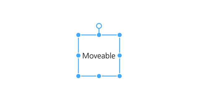 Blue lined rectangle with blue dots in corners and middle points representing the movement boundaries of an object with a white circle with blue border united with a blue line to the main rectangle.
Word in black inside: Moveable.