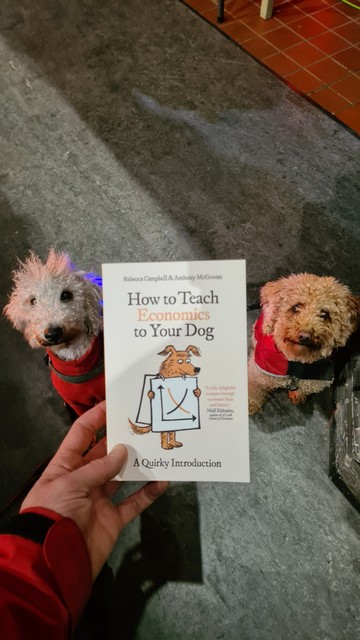 Stone floor, grey,  with the edge of a octagonal pillar are in the background, In focus front of shot on the floor are two dogs, both with red jackets and black leads, one dog has a small blue light on her harness. One dog is a beautiful light grey Bedlington terrier (left) the other a lovely light brown miniature poodle (right), both are looking at the camera and are very cute. They are either side of a pale skinned hand with the edge of a red nad black sleeve holding out a book entitled ‘How To Teach Economics To Your Dog’ with a cartoon mutt who has a graph on a sandwich board.