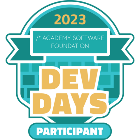 Credly badge: Academy Software Foundation Dev Days 2023 Participant.