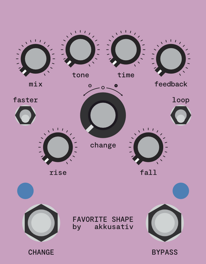 Export from a vector design software with a mockup of an effects pedal interface.

Top row of knobs are: mix, tone, time and feedback.

Then large "change" knob below in the center of the pedal. Two switches on the sides of it: faster & loop.

Two more knobs below: rise & fall.

The footswitches are "bypass" and "change".

The (wip) text between the footswitches is: favorite shape by akkusativ.
