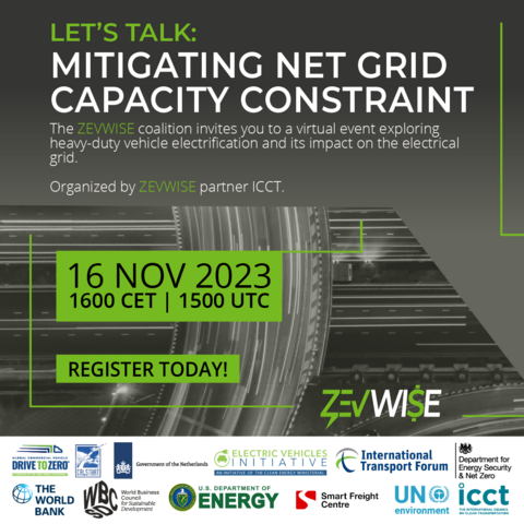 Let's talk: mitigating net grid capacity constraint. The ZEVWISE coalition invites you to a virtual event exploring heavy-duty vehicle electrification and its impact on the electrical grid.
Organized by ZEVWISE partner ICCT>

16 Nov 2023
16oo CET | 1500 UTC