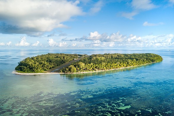 Aerial view of Alphonse Island, surrounded by the Indian Ocean, part of Seychelles Outer Islands.