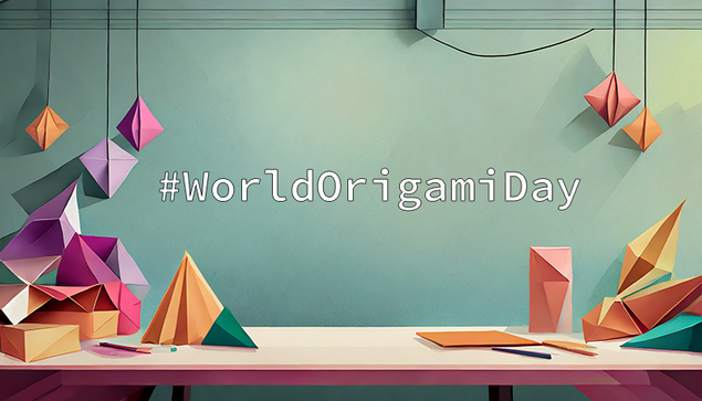 Illustration for #WorldOrigamiDay showing a table and some origami.