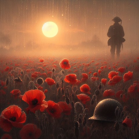 Field of poppies at sunset. Single soldiers helmet lays on the ground in the bottom right corner. A soldier stands in silhouette. 