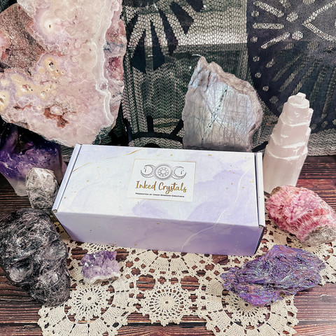A photo of past items in the exclusive "Inked Crystals" product from Inked Goddess Creations.