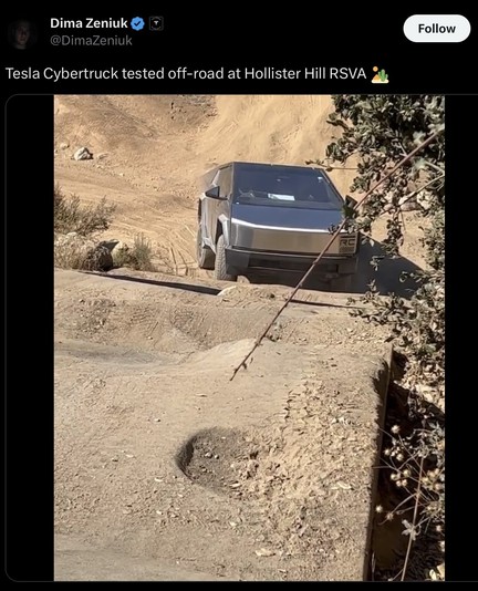 Dima Zeniuk tweet: “Tesla Cybertruck tested off-road at Hollister Hill RSVA 🏜️”