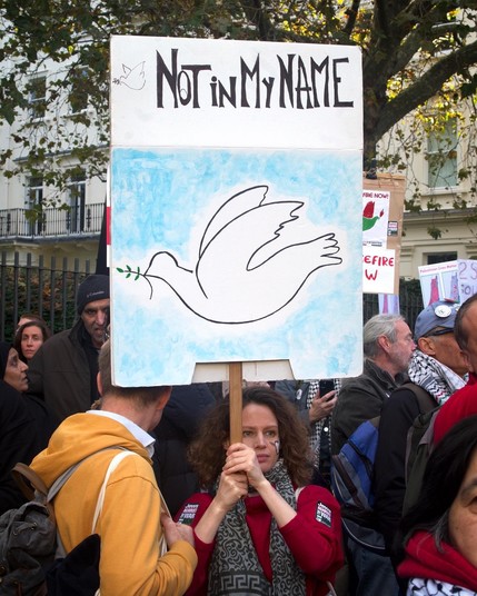 "Not in my name" & dove and olive branch drawing on placard