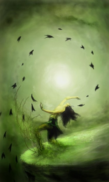 "Dance of Rebirth"
A masculine featured person with olive skin, wearing only a green skirt of some kind, dancing to the spiral of ravens around the sun shrouded in spinning clouds that seem to spiral with the motion of both the birds and the dancer. Plants and branches jut out in the same spiral motion from the cliff edge that dancer is upon, as if summoned by the dance itself.