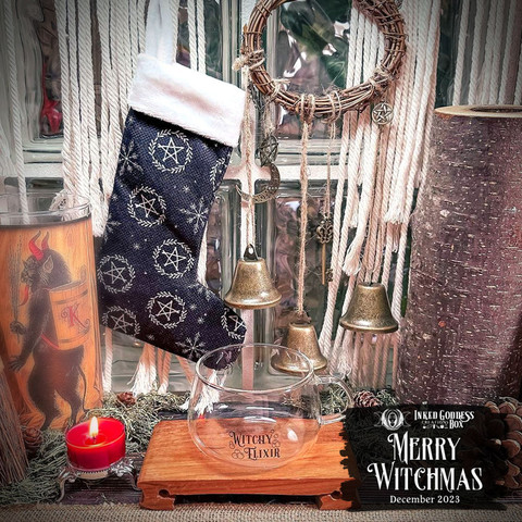 A photo of items in the exclusive Dec. 2023 "Merry Witchmas" Inked Goddess Creations Box product.