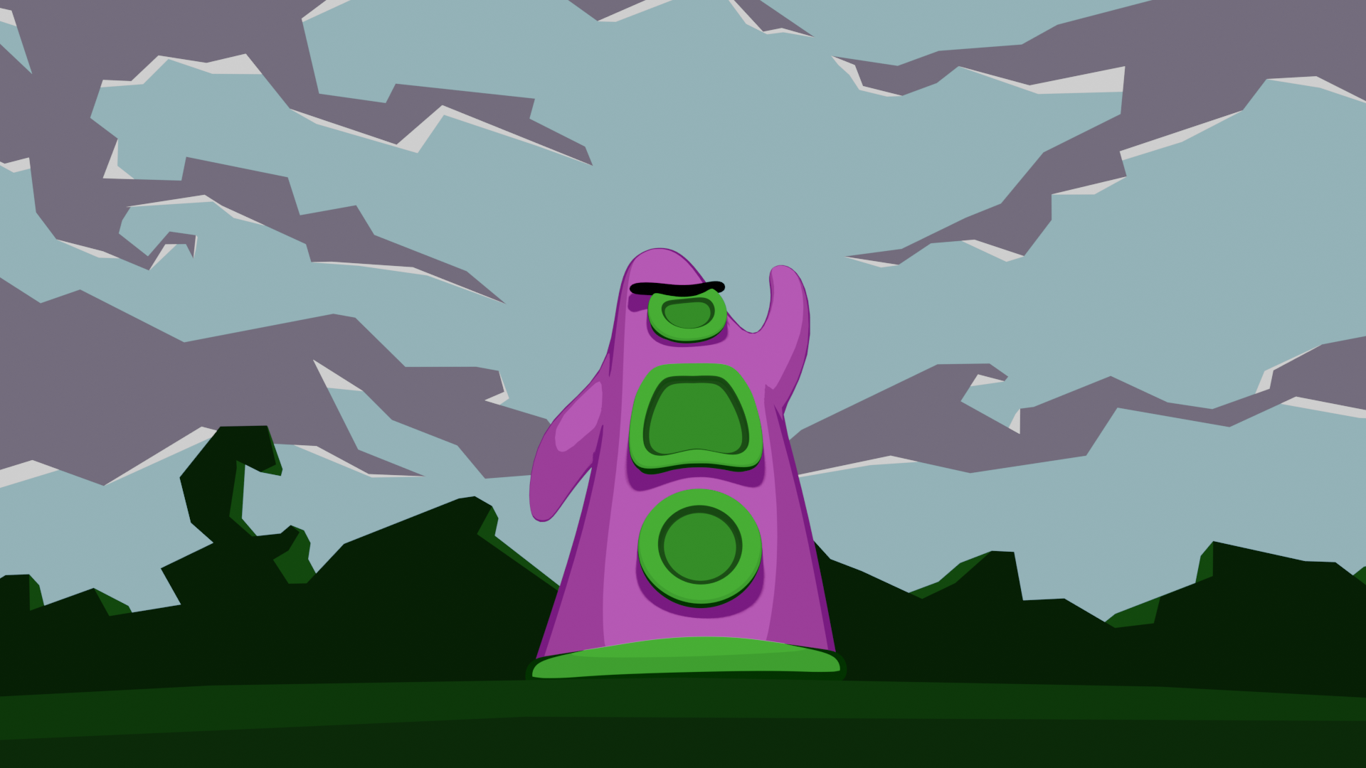 A re-creation of Purple Tentacle's "take on the world" moment from the intro cutscene in Day of the Tentacle. After drinking some toxic ooze, Purple grows arms and says he feels like he could take on the world. Ominous clouds loom overhead. Dun dun dun!