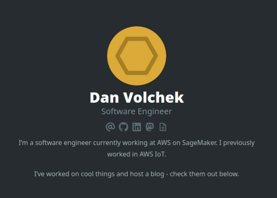 A screenshot of my personal website, showing my name + title + links + a blurb.