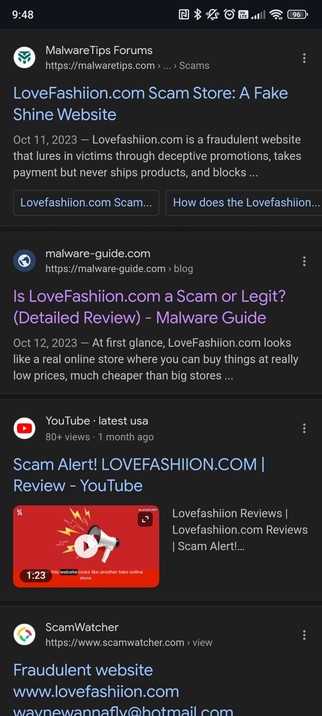 Resultados en duckduckgo (o Google también) con enlaces a posts de malwaretips Y similares con títulos como 'Scam store. A fake shine website'