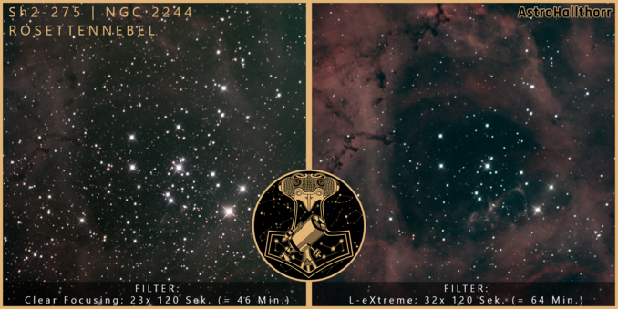 Ein Filtervergleich des Deep-Sky-Objekts Sh2-275 / NGC 2244 - "Rosettennebel" von einem Breitbandfilter mit nahezu keiner Filterung für RGB-Sternfarben (linkes Bild) sowie einem Schmalbandfilter zur Filterung von H-alpha (Wasserstoff - rötlich) und OIII (Sauerstoff - blau/grün) (rechtes Bild)
