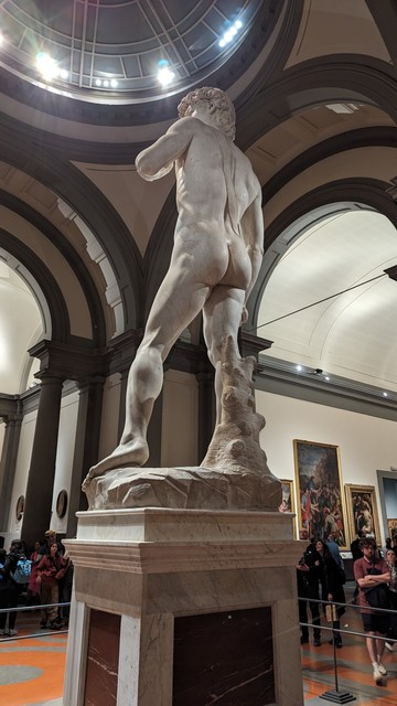 Dies ist eine Aufnahme der David-Statue von hinten.
Wissend, dass die Statue ca. 520 Jahre alt ist, lässt den Betrachter, bzw. die Betrachterin ehrfürchtig davor verweilen.