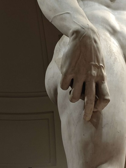 Dies ist eine Detailaufnahme der rechten Hand.
Deutlich sind die Adern und Sehnen zu sehen.
Über die pure Größe der Statue hinaus beeindrucken die fein ausgearbeiteten Details und die weiße Farbe des Marmors.