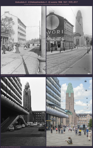 Keskuskadun pohjoispääty Rautatieasemalle päin. Kuva vuosilta 1908, 1927, 1970, 2017. Kuvasta näkyy kaupungin kasvu, kävelyä koskevan lainsäädännön muutokset,  Päärautatieaseman rakennus, Makkaratalon rakennus ja Keskuskadun muuttuminen kävelykaduksi.
