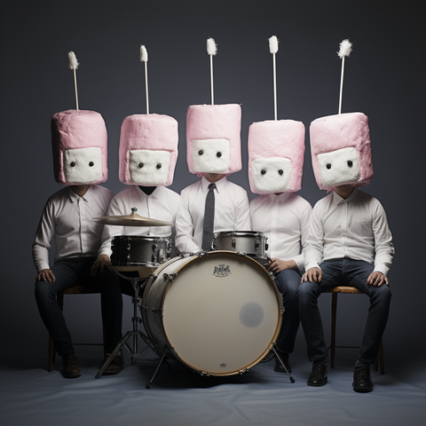 A photograph of five male presenting people sitting behind a basic drumset. The people are wearing white dress shirts and in one case a tie. They are each wearing a full head covering that looks like a big pink and white marshmallow with black eyes. On top of the marshmallow head gear is a mysterious antenna with a piece of fluff on top.