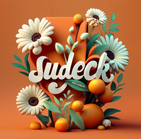 Foto. Fondo naranja. Margaritas abiertas y cerradas, frutos naranjas y hojas verdes en relieve. En el centro se lee Sudeck en blanco en un tipografía bonita. Por @tio_sudeck
