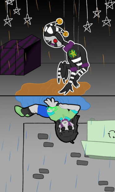Image ID: A digital drawing featuring Charlie Emily and the Puppet from FNAF. The top and bottom panels mirror each other. The top panel shows the Puppet held up by strings, gently laying its hand on a puddle of water and looking sadly towards Charlie. The bottom panel shows Charlie laying in the puddle, slightly propped up, hand reaching curiously towards the Puppet in the reflection. Charlie has already become a ghost, featuring black eyes and dark purple tear stains. The rain and water in the top panel are inverted colors to the bottom panel. End ID.