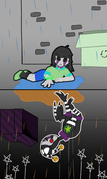 Image ID: A digital drawing featuring Charlie Emily and the Puppet from FNAF. The top and bottom panels mirror each other. The top panel shows Charlie laying in the puddle, slightly propped up, hand reaching curiously towards the Puppet in the reflection. Charlie has already become a ghost, featuring black eyes and dark purple tear stains. The bottom panel shows the Puppet held up by strings, gently laying its hand on a puddle of water and looking sadly towards Charlie. The rain and water in the top panel are inverted colors to the bottom panel. End ID.