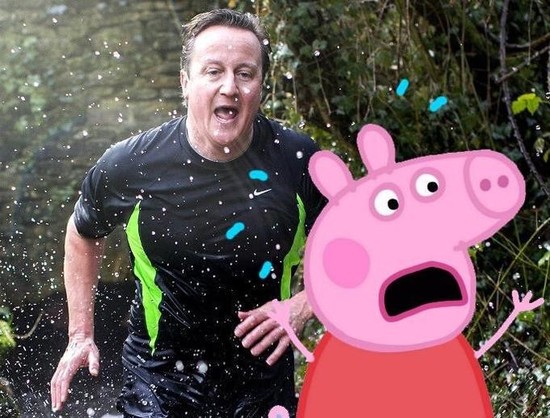 David Cameron  with an eager expression chasing a concerned looking Peppa Pig