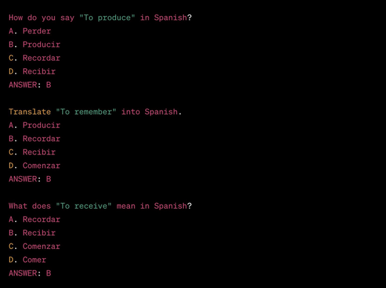 Screenshot of ChatGPT output of Spanish language Multiple Choice Questions in the Aiken format.