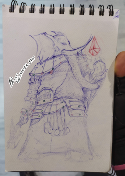 pen sketch of an anthropomorphic elephant cleric, with a floating gemlike spell on their left hand and a warhammer on the other, with somewhat shamanistic clothing