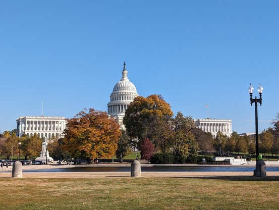 A view of the Capitol building in the fall.