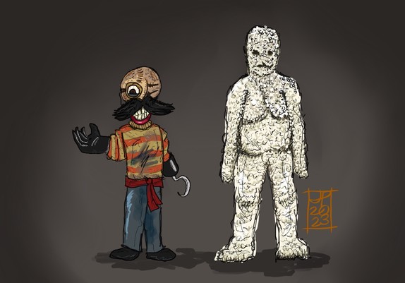 Pirate Puppet & Tooth Creature from Channel Zero Candle Cove, illustrated by Joshua Potter in the style of Woodrow White.