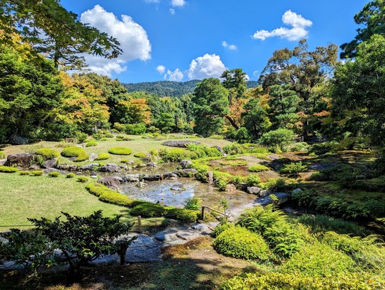 The garden at Murin-an, with Higashiyama as backdrop. The garden narrows as it stretches from the house, cleverly drawing the mountains in to the garden.