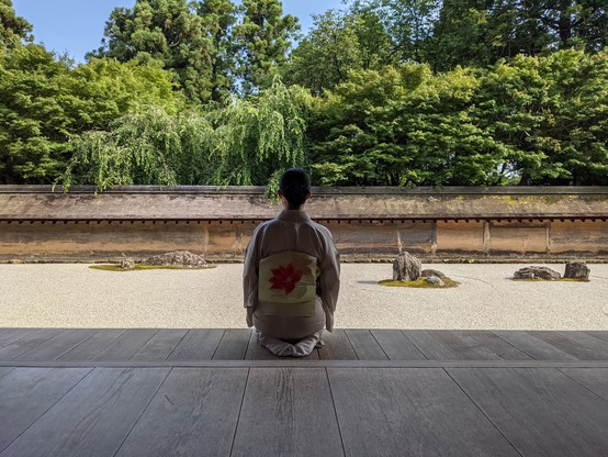 There is some suggestion that originally Ryoan-ji's famous garden used borrowed scenery. The current vegetation (and wall) was absent, giving a view of the pond and distant mountains.