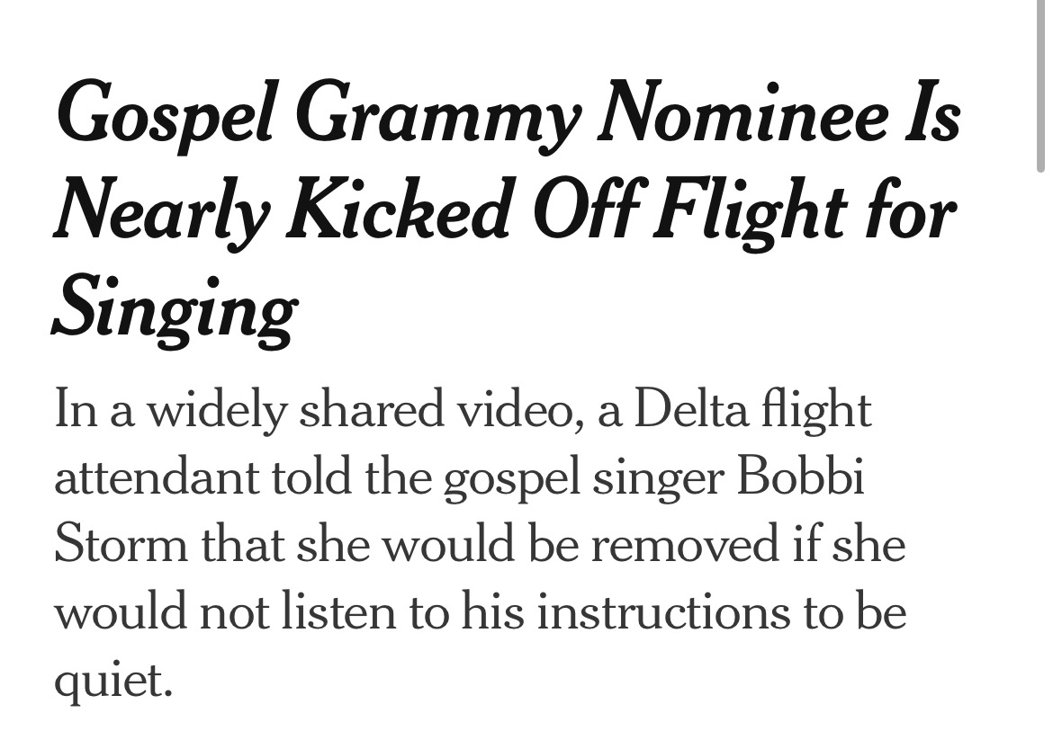 Bobbi Storm, Gospel Grammy Nominee, Is Nearly Kicked Off Flight for Singing  - The New York Times