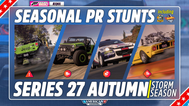 Thumbnail from the video, reading: "Seasonal PR Stunts including Rally Adventure and Hot Wheels, Series 27 Autumn / Storm Season".

Four tiles picture different cars, representing the stunts' requirements, with an icon below to indicate which type of stunt each tile is: Danger Sign, Speed Trap, Speed Zone, Drift Zone.