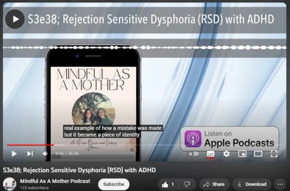 S3e38; Rejection Sensitive Dysphoria (RSD) with ADHD
https://www.youtube.com/watch?v=r4F72Hw_kto

6 views  8 Nov 2023
This week we’re talking through rejective sensitive dysphoria, parenting your child with ADHD, creating self-efficacy, increasing confidence, and leaning on the parent-child relationship and gentle honesty to support your kids. We talk through different scenarios from our personal lives and the lives of our loved ones. If you’re wondering how to best support your ADHD child in the parenting role, how to maintain a strong parent-child relationship, and some skills to keep in your back pocket for parenting, this episode is for you.
You can now listen to all of our podcast episodes on YouTube at   

 / @mindfulasamotherpodcast