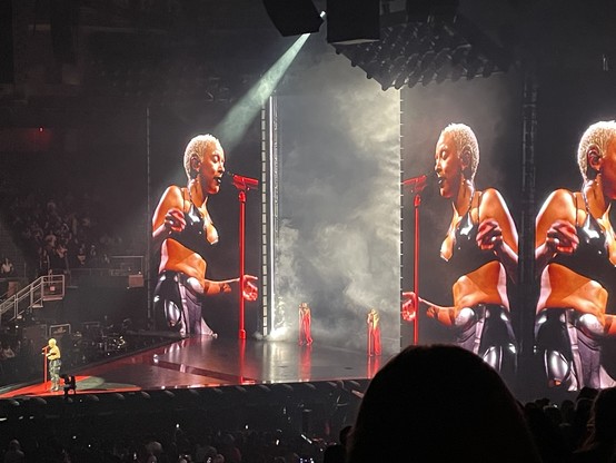 Doja Cat on stage, in front of 3 huge floor to ceiling monitors showing a close up of her upper body as she sings and dances. Between the monitors are 2 dancers “standing guard” while fog envelopes the space between the monitors