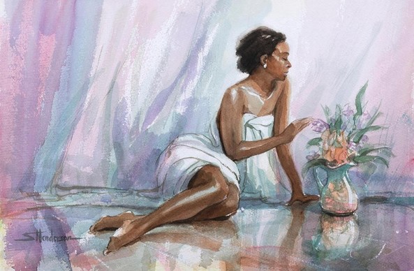 Art print of an original watercolor painting by Steve Henderson depicting a woman, wrapped in a towel, reaching out to touch a vase of flowers.