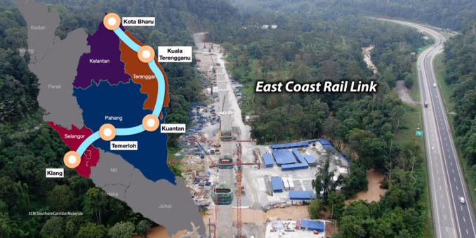 Screenshot of the video linked.

It shows East Coast Rail Link currently under construction, with an illustration of the alignment map superimposed on top.