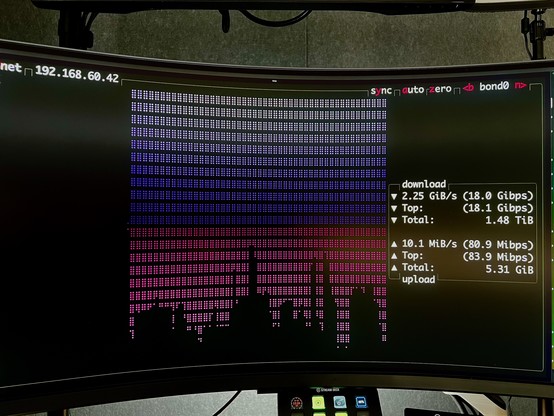 A linux terminal showing BTOP network.  BTOP is a resource monitor that shows usage and stats for processor, memory, disks, network and processes.  It runs on Windows, Mac, Linux, and more!