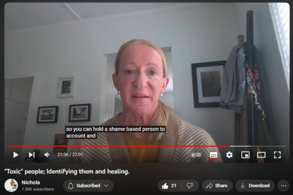 "Toxic" people; Identifying them and healing.
https://www.youtube.com/watch?v=y--m6dpy-dQ

263 views  9 Nov 2023
"Toxic" people are not at fault for their beginnings, but you may encounter them as adults. Toxic (or shame-based) people were raised connecting their value to their actions. As a child their self-esteem became based on how they were perceived. This makes their need for validation from others draining - and "toxic". 
How you handle a toxic person is up to you but I argue they shouldn't be cut off if you can avoid it