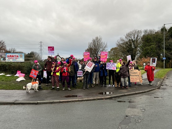 Another shot of the picket line full of people in brightly coloured outdoor Big Coats and quite a lot of UCU pink caps and beanies, some have their arms up and lots of smiles. Lots of strike placards, including a home made one that reads "FAIR PAY SO WE CAN STAY", and another "SEN TEACHING ASSISTANTS , MIN WAGE, NO PAY STRUCTURE". Many dogs! Weather a bit grey but members look resolute!