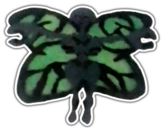 A gaunt, bony, spindly dark grey figure in a "T pose" with large green butterfly wings