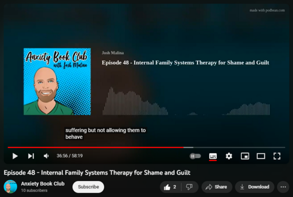 Episode 48 - Internal Family Systems Therapy for Shame and Guilt
https://www.youtube.com/watch?v=B9O3UrxKCo4

5 views  10 Nov 2023
Source:
https://www.podbean.com/eau/pb-au496-...

In this episode, I speak with Dr. Martha Sweezy, IFS therapist, author and assistant professor at Harvard Medical School. We discuss her book, Internal Family Systems Therapy for Shame and Guilt. These topics are covered:
The multiplicity hypothesis of IFS
The difference between some Buddhist traditions and IFS
The ontology of IFS 
The shame cycle 
Soothing parts
Shaming parts
Outward shaming parts
“Scouting” managerial parts 
The kinds of burdens of parts
How children are self-referential 
Karlen Lyons-Ruth’s research
The usefulness (or not) of shame
