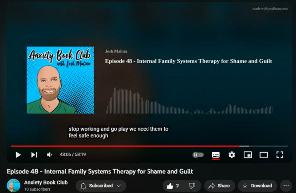 Episode 48 - Internal Family Systems Therapy for Shame and Guilt
https://www.youtube.com/watch?v=B9O3UrxKCo4

5 views  10 Nov 2023
Source:
https://www.podbean.com/eau/pb-au496-...

In this episode, I speak with Dr. Martha Sweezy, IFS therapist, author and assistant professor at Harvard Medical School. We discuss her book, Internal Family Systems Therapy for Shame and Guilt. These topics are covered:
The multiplicity hypothesis of IFS
The difference between some Buddhist traditions and IFS
The ontology of IFS 
The shame cycle 
Soothing parts
Shaming parts
Outward shaming parts
“Scouting” managerial parts 
The kinds of burdens of parts
How children are self-referential 
Karlen Lyons-Ruth’s research
The usefulness (or not) of shame