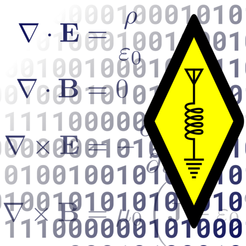 Icon for the Room: Left half dominated by Maxwell's equations fading to become zeros and ones, right half the amateur radio diamond symbol