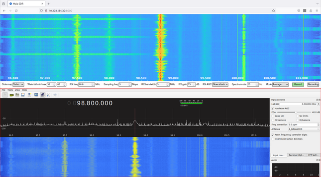A screenshot that shows the waterfalls of Maia SDR and GQRX running at the same time.