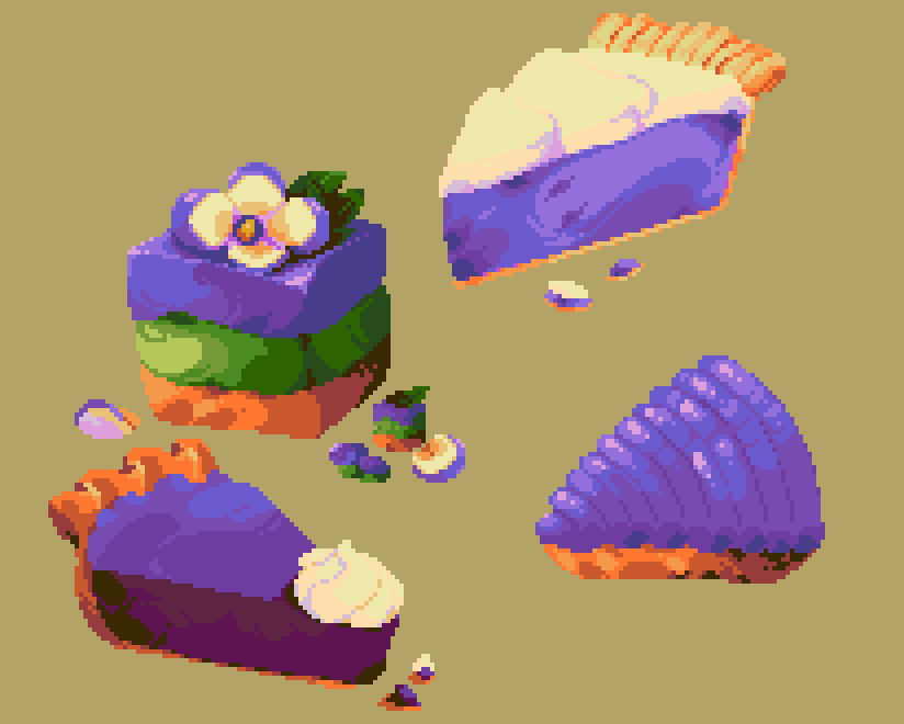 four pixel art pies done with the color purple as a motif