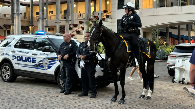three policemen, two standing one sitting on a horse. with the police department car behind them.