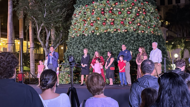 mayor. Vince of Coral Gables with his vice mayor on stage in front of the Christmas tree at the tree lighting ceremony.