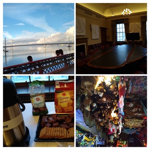 Collage of four pictures, from top left clockwise:
River Forth from rail bridge to the other two bridges, a board room with old furniture and covered paintings on the wall, German Christmas cookie packages and cookies on a tray, and toy animals fixed to the ceiling (of an Edinburgh pub).
